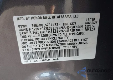 2020 Honda Passport Awd Touring z USA, uszkodzony, nr VIN 5FNYF8H94LB001645